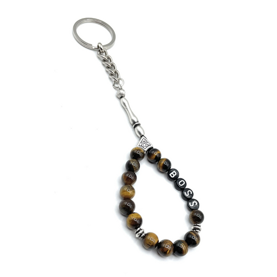 TMN I Schlüsselanhänger personalisiert mit Wunschbuchstaben, Naturstein Perlen Tiger Auge, Kette mit Namen