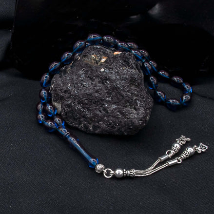 TMN I Ateş Kehribar Tesbih I Mavi I Harfli Özel Püskül - Tesbih Mit Namen