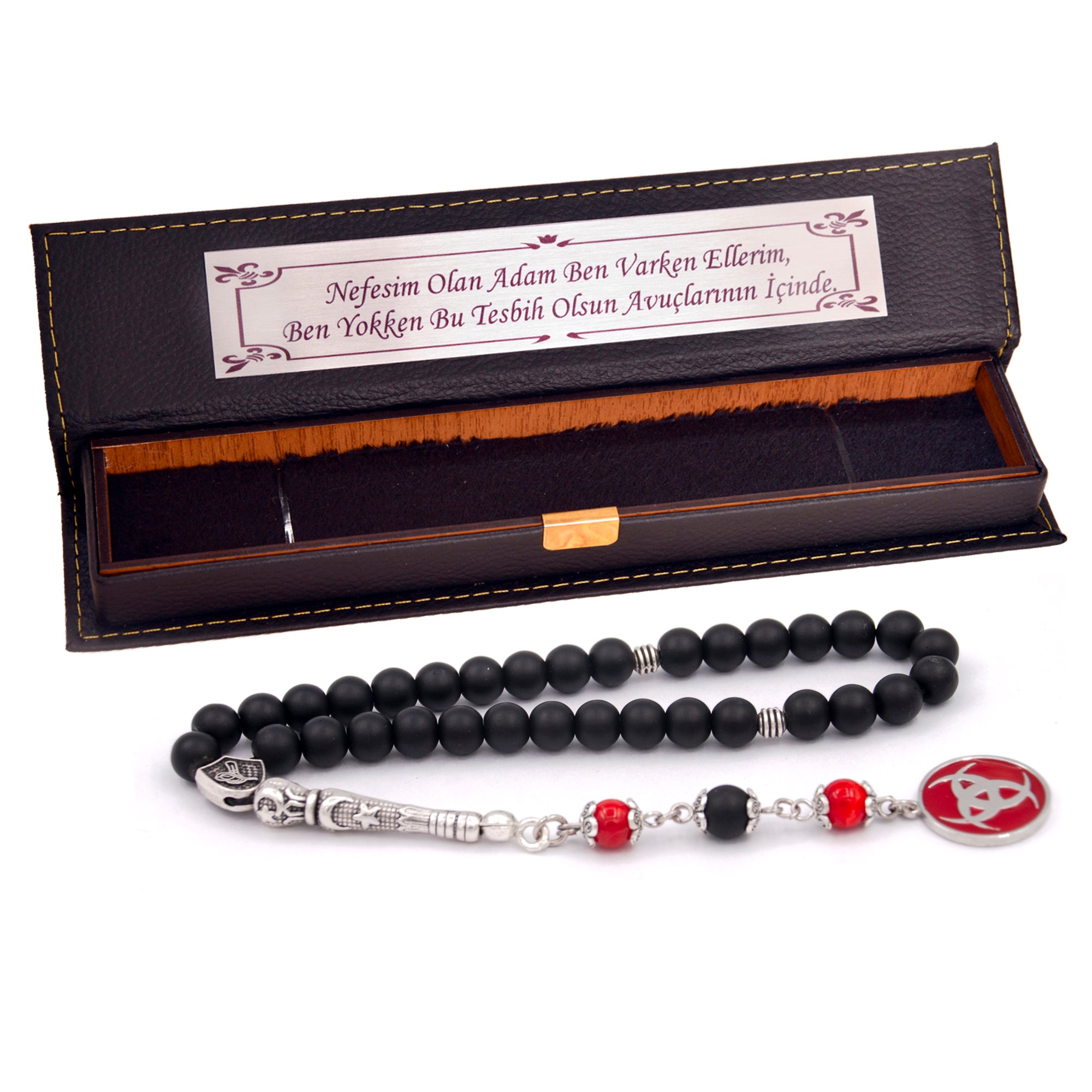 Onyx Taşı Tesbih + hediye bileklik, 33 Habbe, Özel Tasarım Sembol Püskül, Nefesim Yazılı Tesbih Kutusu dahil