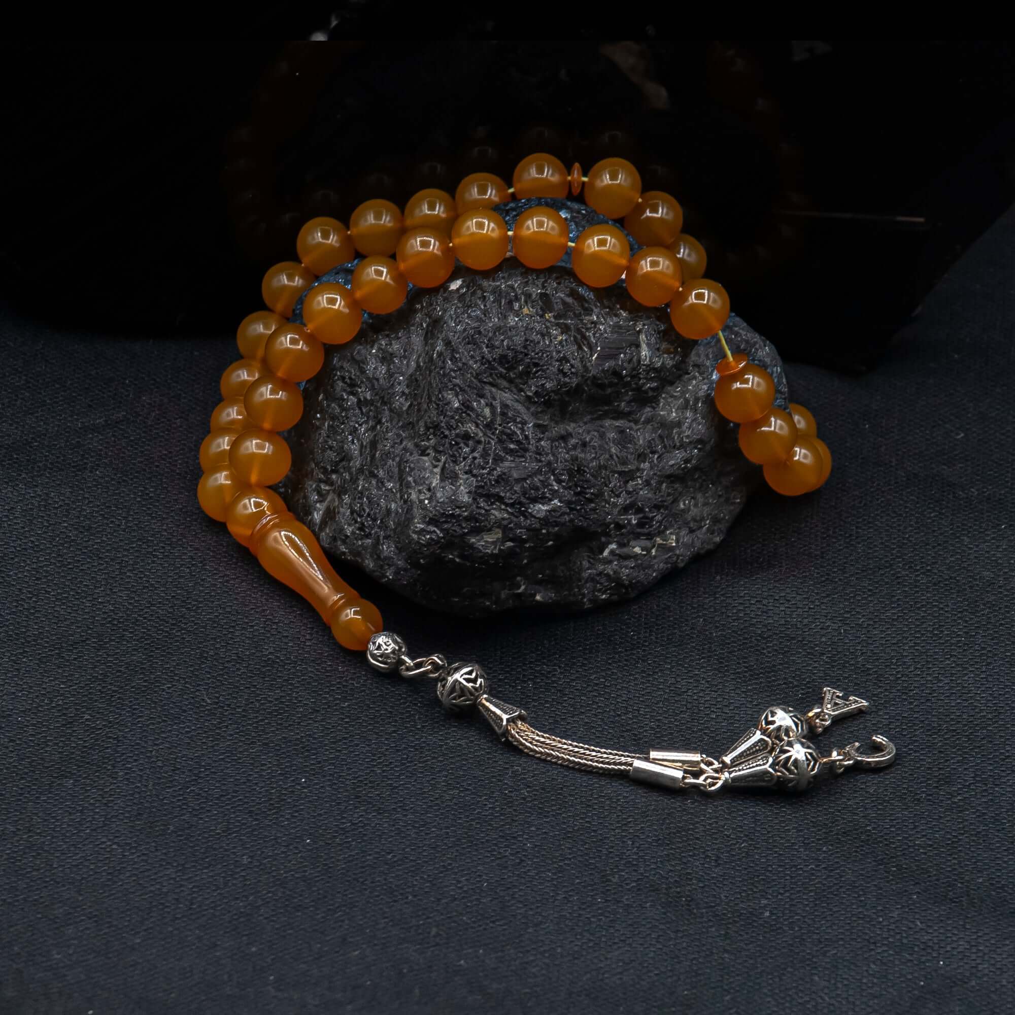 TMN I Ateş Kehribar I Mandarin I Harfli Püskül - Tesbih Mit Namen