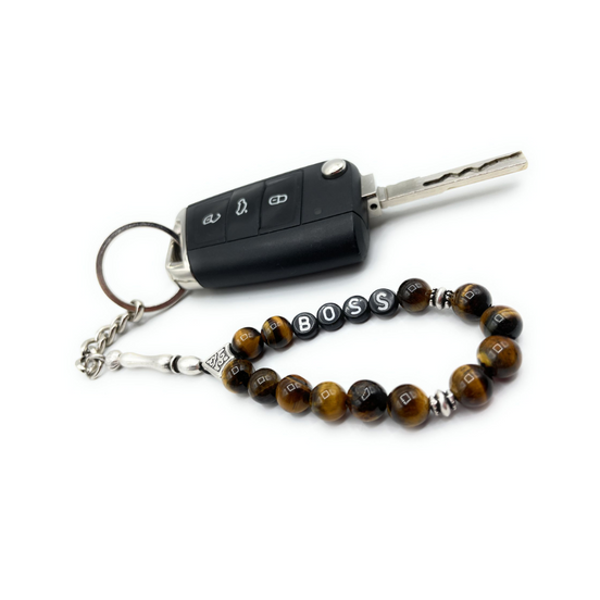 TMN I Schlüsselanhänger personalisiert mit Wunschbuchstaben, Naturstein Perlen Tiger Auge, Kette mit Namen