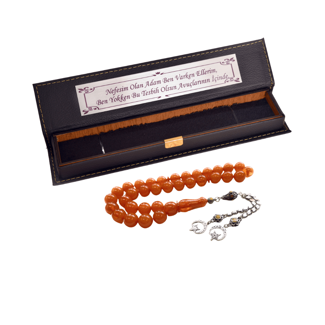 Bernstein Tesbih, Islamische Gebetskette, 33 Perlen, 925er echt Silberquaste, Ayyildiz Symbol - Tesbih Mit Namen