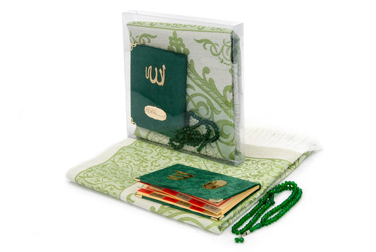 TAFT Stoff muslimische Geschenke Gebetsteppich & Samtbezogene Yaseen Sura Taschenformat Buch & Kristall Gebetskette Set mit Kraft Box islamische Ramadan Eid Geschenke, Gastgeschenke - Tesbih Mit Namen