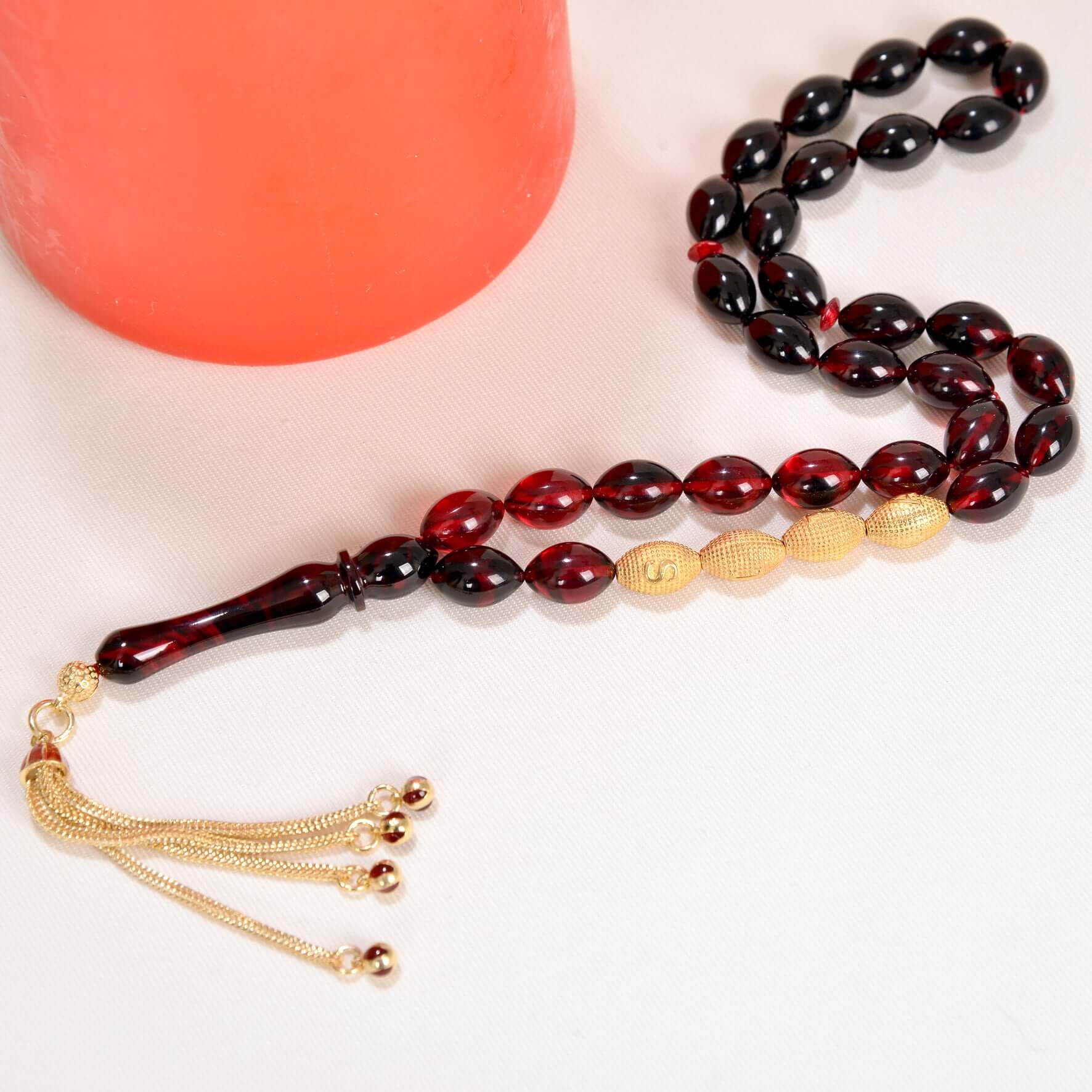 Gebetskette aus Feuer Bernstein, 925er echt Silber Namensgravur & Quaste - Tesbih Mit Namen