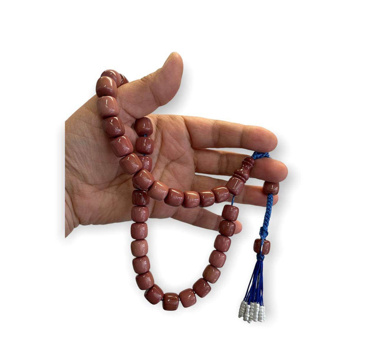 Tesbih, Gebetskette 33 Perlen, einzigartiges Sondermodell, Saray Püskül, Farbe rosa, Bernstein, Kehribar Tespih - Tesbih Mit Namen