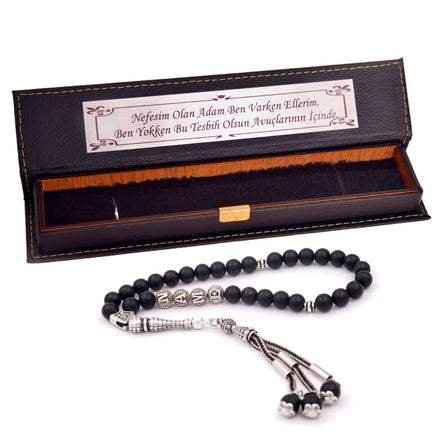 TMN I Siyah Oniks Tesbih I 33 Boncuk I Deri Kutu - Tesbih Mit Namen