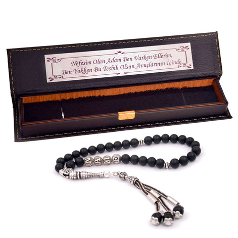 TMN I Siyah Oniks Tesbih I 33 Boncuk I Deri Kutu - Tesbih Mit Namen