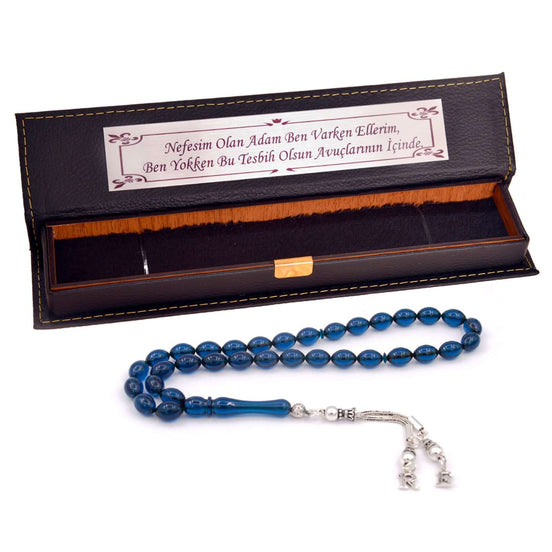 TMN I Ateş Kehribar Tesbih I Mavi I Harfli Özel Püskül - Tesbih Mit Namen