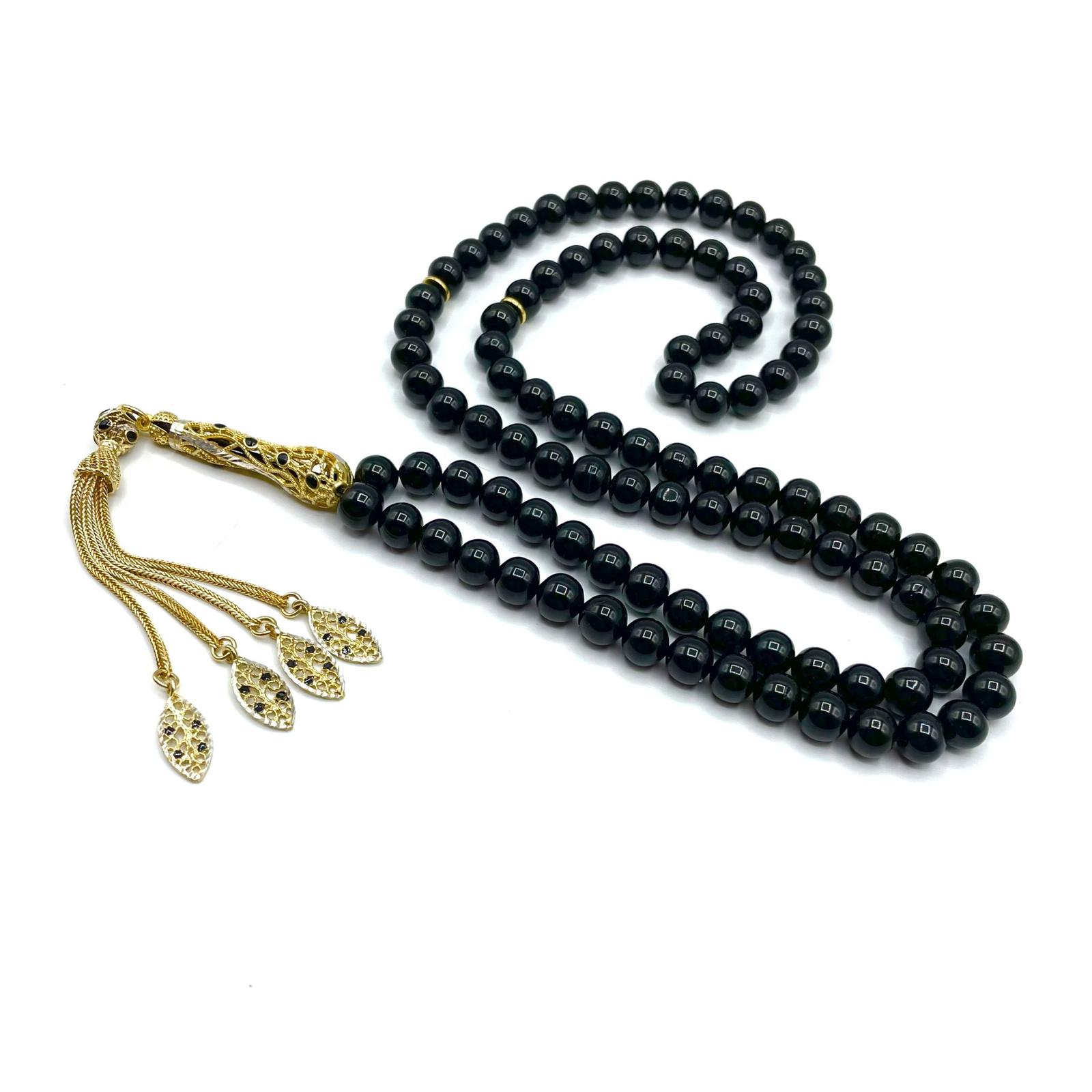 Özel Tasarim Erzurum Oltu Tasi 99 Namaz Tesbihi - 925 ayar gümüs + 14 ayar altinkaplama