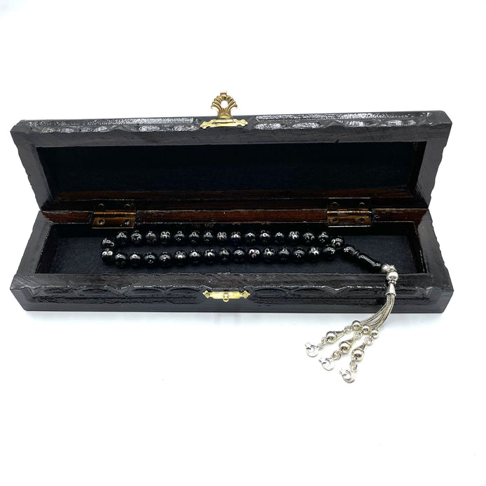 TMN I Oltu Tesbih I 925 Ayar Gümüş Ayyıldız Püskül I Özel Ceviz Kutu