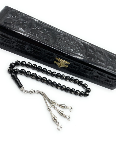 TMN I Oltu Tesbih I 925 Ayar Gümüş Ayyıldız Püskül I Özel Ceviz Kutu