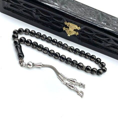 TMN I Oltu Tesbih I 925 Ayar Gümüş Püskül I Harf Seçenekli I Özel Ceviz Kutu