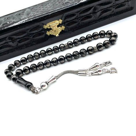 TMN I Oltu Tesbih I 925 Ayar Gümüş Püskül I Harf Seçenekli I Özel Ceviz Kutu