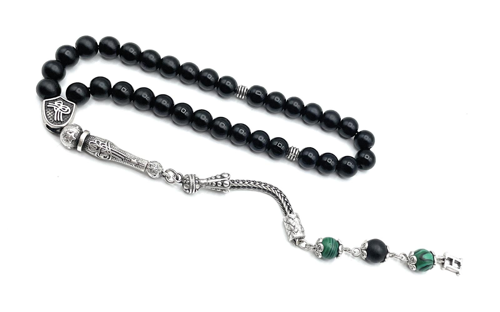 TMN I Siyah Oniks Tesbih I Zümrüt Model I Püskül Harf Seçeneği I İsim Siyah Harf Opsiyonlu