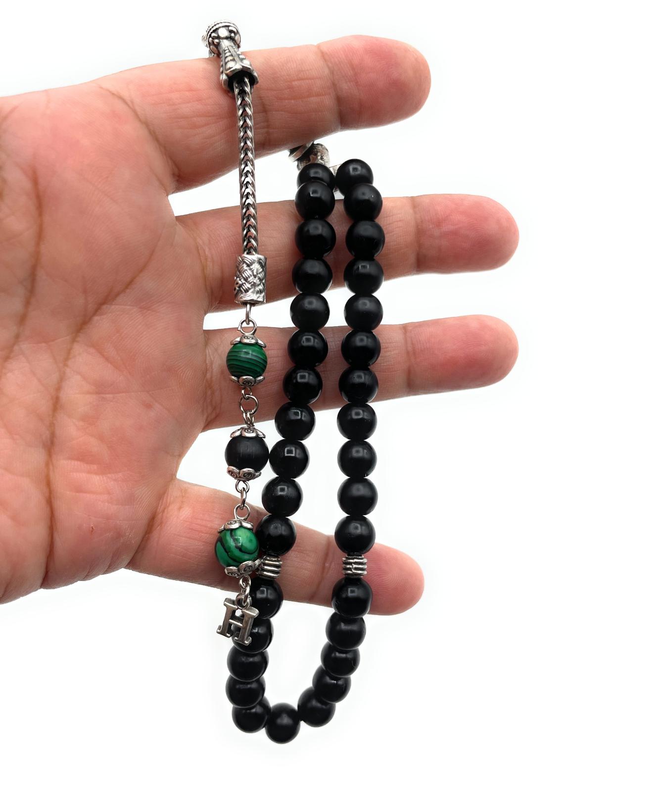 TMN I Siyah Oniks Tesbih I Zümrüt Model I Püskül Harf Seçeneği I İsim Siyah Harf Opsiyonlu