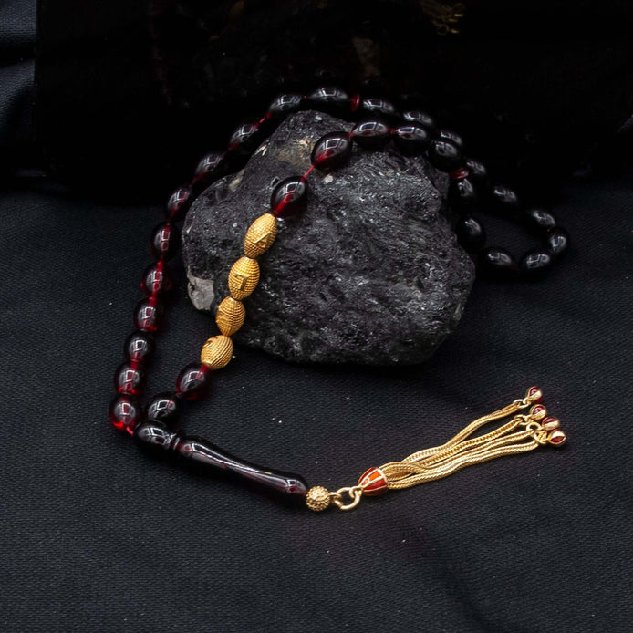 Tesbih Mit Namen I İsimli Ateş Kehribar I Kırmızı I Altın Kaplama - Tesbih Mit Namen