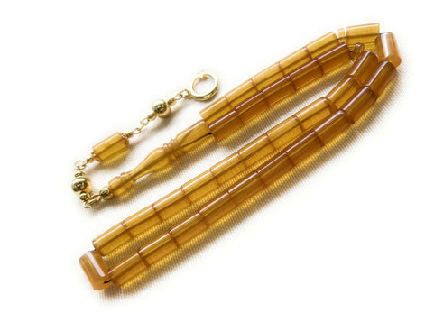 Tesbih Feuer Bernstein, 925er Silber Ayyildiz Anhänger, 14K vergoldet - Tesbih Mit Namen