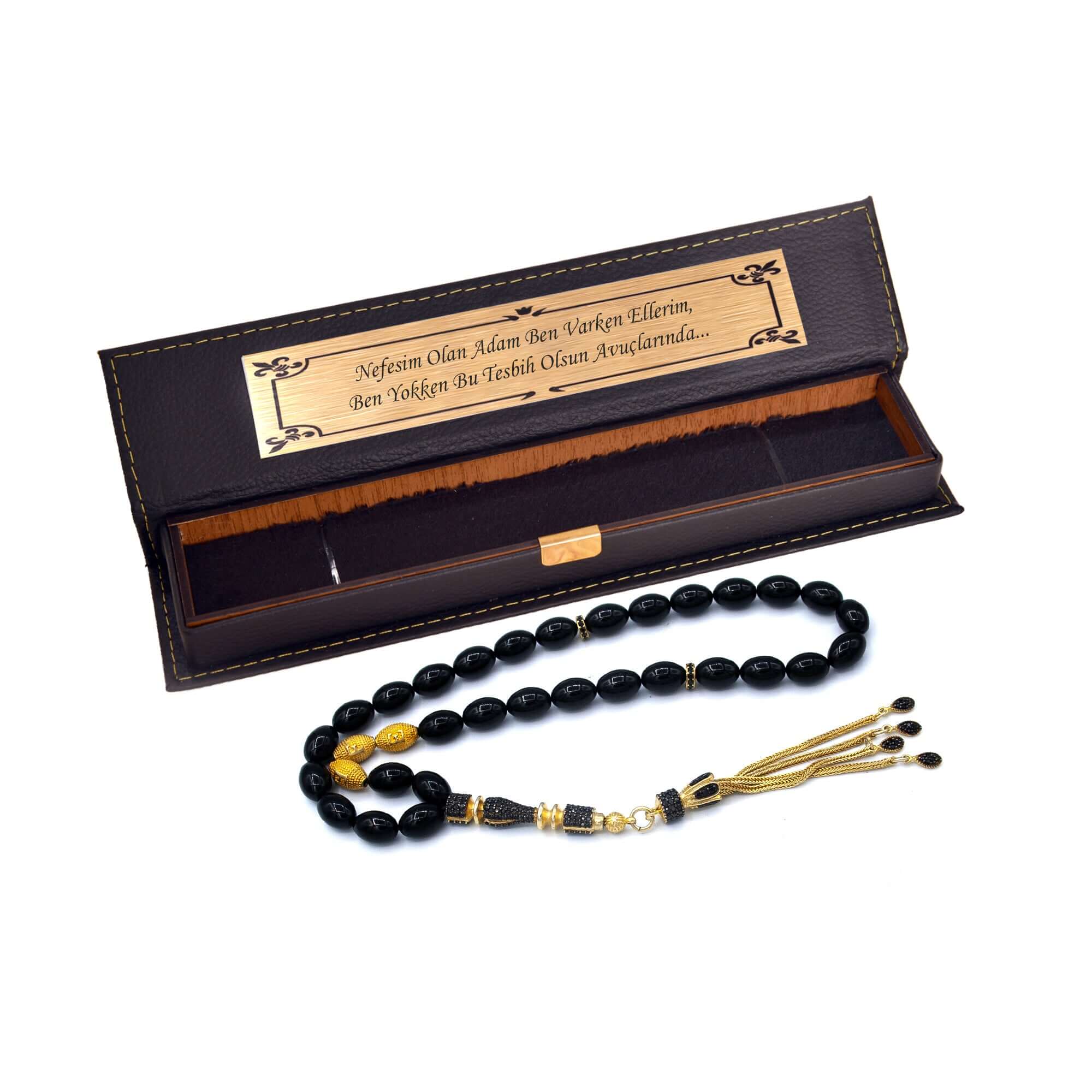 TMN I İsimli Siyah Ateş Kehribar Tesbih I Altın Kaplama - zirkon taş işleme - 925 ayar gümüş - Tesbih Mit Namen