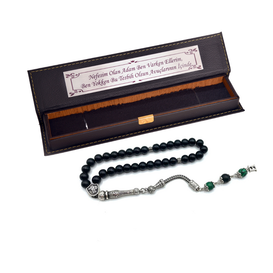 TMN I Siyah Oniks Tesbih I Zümrüt Model I Püskül Harf Seçeneği I İsim Siyah Harf Opsiyonlu